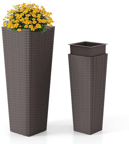 COSTWAY Lot de 2 Pots à Plantes en Rotin PP, Ensemble de Grands Jardinières d'Extérieur avec Bacs Intérieurs Amovibles Trous de Drainage, Pots de Fleurs en Osier pour Jardin Terrasse (Brun)