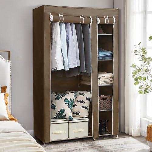 Armadio in Tessuto, Guardaroba, Appendiabiti, Ripiani Portaoggetti,con Asta per Abiti con Copertura, Capiente, per Borse, Giocattoli, Scarpe, Soggiorno, Camera da Letto, 110*45*178 cm (marrone)