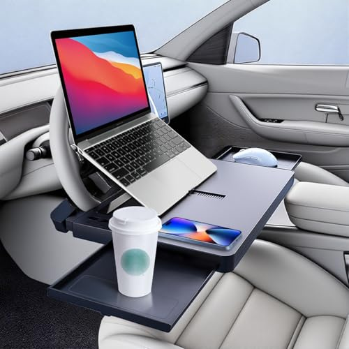 FANXIN 2 in 1 Large Steering Wheel Desk with Dual Slide-Out Trays, Steering Wheel Table Tray Fits for Most Cars, Adjustable Laptop Tray for Car | Steering Wheel Table Tray, Car Desk for Laptop, Adjustable, Eating & Working, Tablet Slot, Anti-Slip, Fit Most Cars