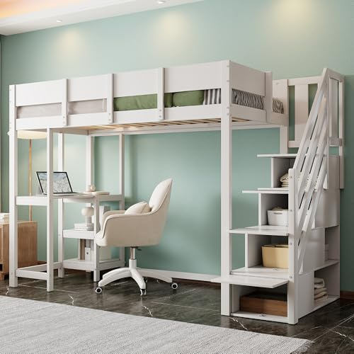 EINHOM Kinderbett 90 x 200 cm, Etagenbett mit Stauraum Hochbett und Treppe, Bettgestell aus Massivem Kiefernholz mit Lattenrost, Ohne Matratze (Weiß)