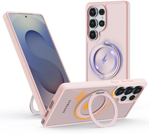 Hülle für Samsung Galaxy S24 Ultra mit 360° Magnetischem Ständer, für MagSafe Kompatible Handyhülle mit Ring, Schlankes Case mit Matter Rückseite, Robust & Stabil für Video und Büro, Rosa