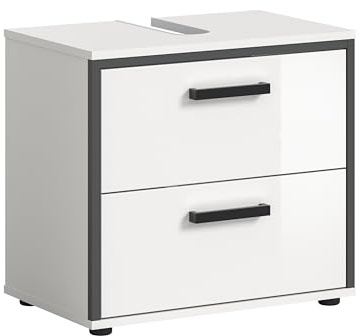 xonox.home - Waschbeckenunterschrank Kojak 60x55x37 cm in Front weiß Hochglanz/Korpus weiß Melamin Abs. anthrazit - Unterschrank Badunterschrank Badedzimmerunterschrank - stilvoll & platzsparend