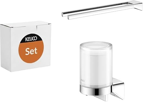 KEUCO Rose Set aus Seifenspender & Handtuchhalter, ohne Bohren, verchromt | 2-armig, 45 cm, 180 ml, Made in Germany, Metall, verchromt, inkl. Klebeset & Schraubset, Badezimmer Set zum Kleben/Schrauben