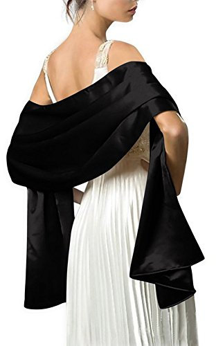 Damen Stola aus Satin Schal aus Satin – Wickeltuch Pashmina 240 cm x 75 cm für Abend Zeremonien Party Hochzeit, Schwarz