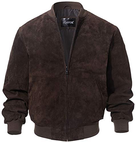 FLAVOR Baseball-Bomberjacke für Herren, Leder, Vintage-Stil, Wildleder, Schweinsleder, Dunkelbraun, S