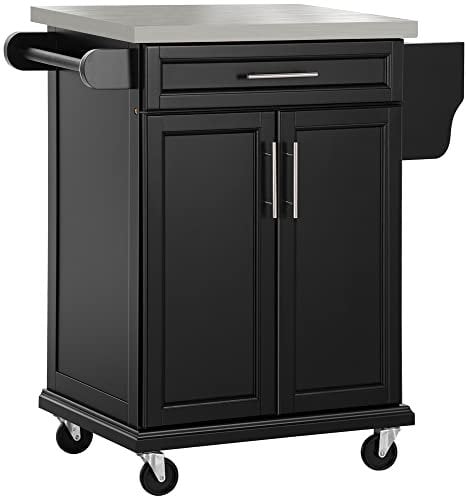 HOMCOM Dessert Cuisine desserte à roulettes îlot Central Cuisine avec Plateau en Acier INOX, étagère réglable, tiroir, Porte-épices, Porte-Couteaux et Porte-Serviettes, 83,5 x 45,7 x 90,5 cm, Noir