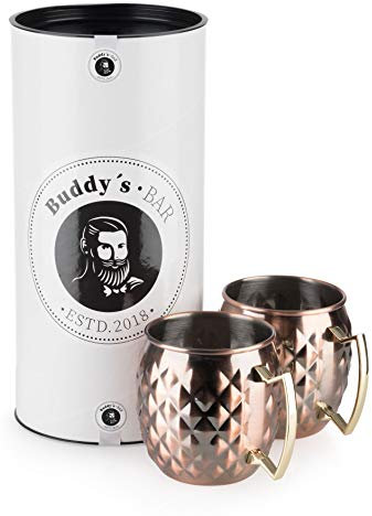 Buddy's Bar - 2 Tazze per Moscow Mule, 500 ml, Tazze in Acciaio Inossidabile di Alta qualità, Tazze da Cocktail con Struttura ad Ananas, Confezione Regalo Inclusa, Set da 2, Rame Antico