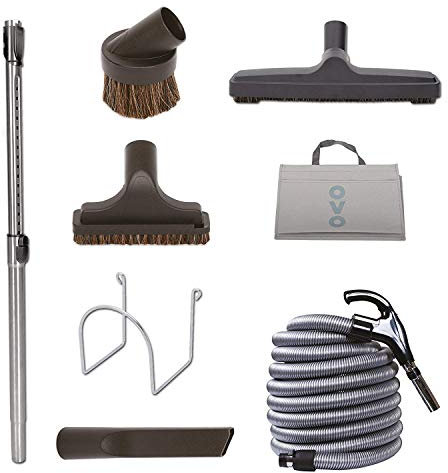 OVO Trousse d'Accessoires + Flexible à Interrupteur ON/OFF à la Poignée Compatible Toutes Marques d'Aspirateur Centralisé (9.10 ml), Gris