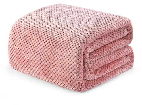 Exclusivo Mezcla Double Size Fleece Bed Blanket, 230x168 CM Soft Jacquard Weave Waffle Pattern Blankets for Bed Settees, Dusty Pink