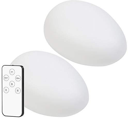 Lunartec Solar Deko Stein: 2er-Set Solar-LED-Dekosteine mit Fernbedienung, RGB+W, IP44, 32 cm (Solarleuchten Deko Garten, LED-Bodenlampen, Fernbedienungen)