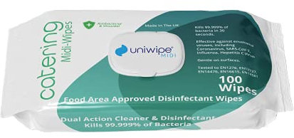 Uniwipe Catering Midi-Wipes, Food Area Approved Antibacterial Sanitising Wipes, Kills 99.999% of Germs, 100 Count 22 x 20cm Green Zone