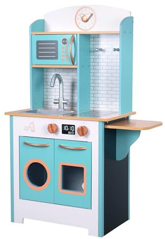 Teamson Kids Wooden Little Chef Small Retro Wooden Play Kitchen Toy Pretend Play Set with Interactive Features & 7 Role Play Accessories Blue/White