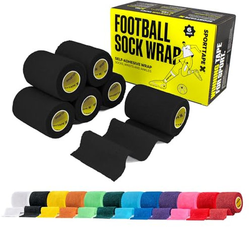SPORTTAPE 6 Rolls Self-Adhesive Cohesive Bandage, 7.5cm x 4.5m, Black - Compression Tape & Vet Wrap for Dogs, Horses, Sports Stretch Tape for Football, Ankles, Joints, Fingers, Wrists & Sock Tape
