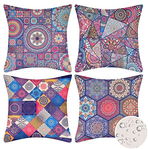 Velvhom 4er Set Dekorative Kissenbezug Draussen Boho Kissenhülle mit Bunt Geometrisch Muster Dekokissen 45x45cm Wasserdicht Leinen Mandala Kissen Fall für Zuhause Couch Auto,18x18Inch