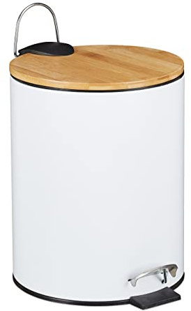 Relaxdays Kosmetikeimer mit Bambusdeckel, 5 Liter, Absenkautomatik, entnehmbarer Inneneimer, Treteimer Bad, weiß/Natur