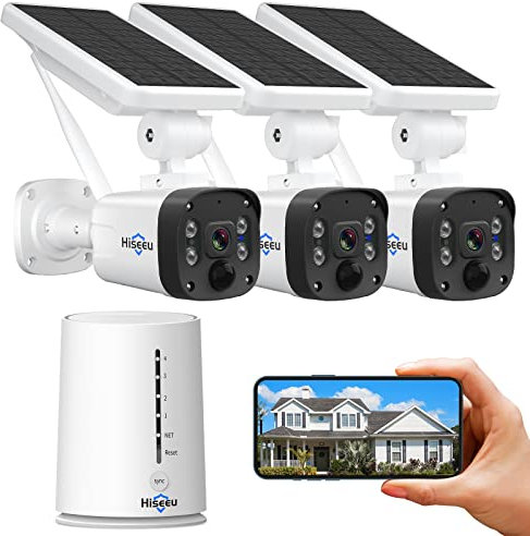 Hiseeu Wireless Security Camera System Outdoor, 4MP Solar Camera, Wire-Free, Battery Powered Home Camera, 2-Way Audio, PIR Detection, IP66 Waterproof, Pre-Installed 64G SD Card, Work with Alexa