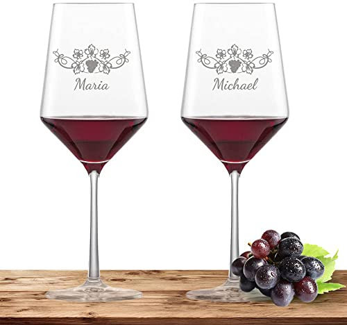 2x Rotweinglas mit Namen oder Wunschtext graviert - Schott Zwiesel Glas Cabernet PURE - Weinglas personalisierts Geschenk (Weinrebe)