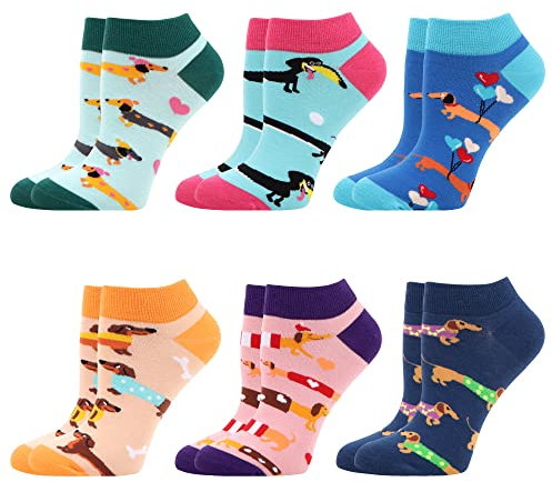 WeciBor Damen Lustige Bunte Sneaker Kurze Socken, 6 Paar Mehrfarbig Dackel, Größe 39-42