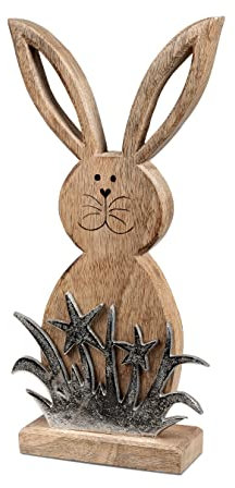 Geschenke und Dekoration zu Ostern- Osterhase Hase mit Gras 26cm aus massivem Alu Mango-Holz