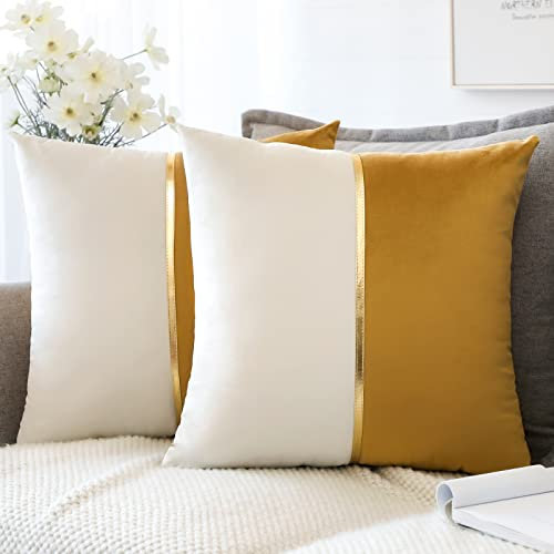 Artscope 2er Set Samt Kissenbezug für Sofa Auto Schlafzimmer Luxuriöser Moderne Minimalist Goldenen Ledernähten Dekokissen Kissenhülle Kissen Fall 45x45cm (Golden und Weiß)