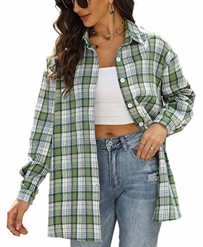 Deer Lady Damen Plaid Flanellhemd Casual Button Down Shirts Oversized Langarm Bluse Top, Z-grün04, Mittel