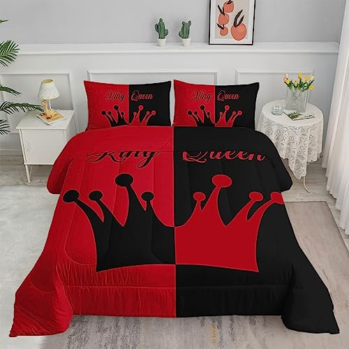 Axolotl Schwarze und rote Krone, Queen- und King-Size-Bettbezug-Set, 3-teilig, Mr. Mrs-Bettwäsche-Set für Erwachsene, Paare, Männer, Frauen, Valentinstag, 2 Kissenbezüge, Schlafzimmerdekoration