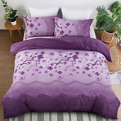 Purple Duvet Cover Double Reversible Floral Bedding Quilt Cover Soft Microfiber Bedding Set with 2 Pillow Cases (3 Pieces, 200x200cm)