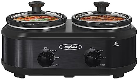 Sunvivi Double mijoteuse, 2 petits plats de buffet et chauffe-plat, double casserole ovale manuelle avec casserole en céramique amovible à température réglable, acier inoxydable, total 2 x 1,25 l