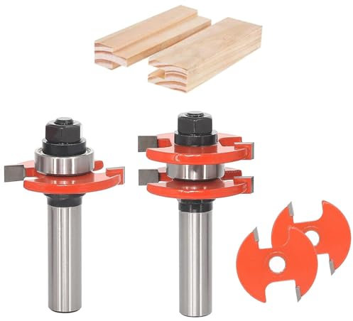 Sinoprotools Adjustable Tongue and Groove Router Bit Set 1/2 Shank,2 Teeth T Shape Jointing Router Bits,with 2Pcs Changeable Groove Cutter & 6Pcs Shims,Wood Milling Cutter