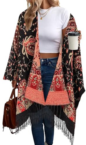 Breezy Lane Damen Poncho Schal Retro-Stil Bedruckt Umhang Übergroße Decke Cardigans für Herbst und Winter