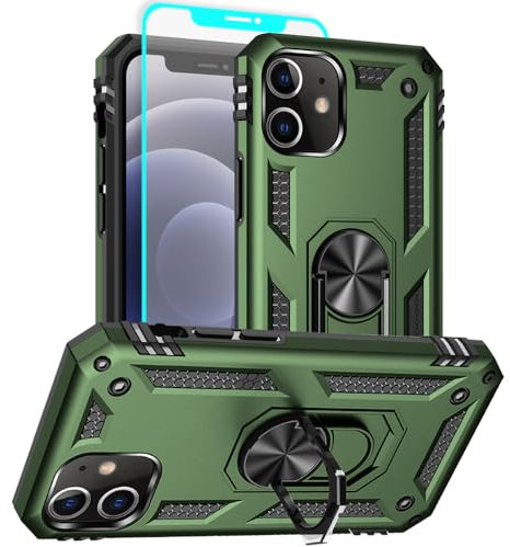 Aozuoton for iphone 12 Case, iphone 12 Pro Phone Case with HD Screen Protector, [Military Grade 16ft. Drop Tested] Ring Shockproof Protective Phone Case for iphone 12 Army Green