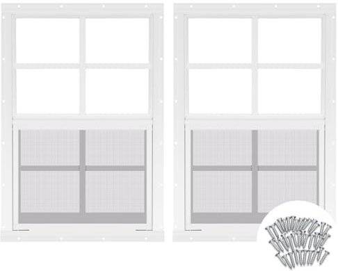 Tandefio 2 Stück 35,6 x 53,3 cm weiße Heckfenster für Hühnerstall mit gehärtetem Glas und Bildschirm, Haushaltsfenster mit vertikalem Schieber und Schrauben für Wohnmobile, Schuppen, Scheunen