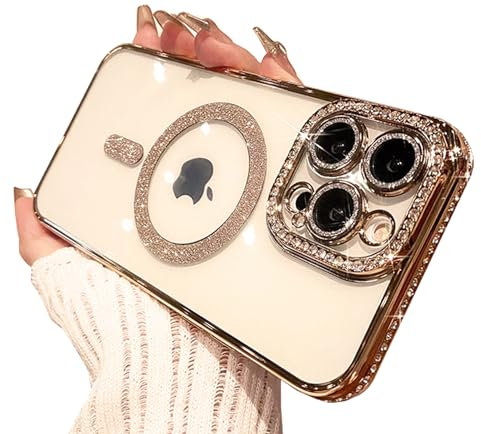 BANAILOA Design for iPhone 13 Pro Case Compatible with Magsafe,Bling Rhinestones Glitter Clear Case Magnetic with Camera Lens Cover Protective Slim Phone Cover (6.1 inch)-Gold
