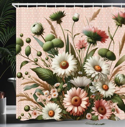 ABAKUHAUS Blumiger Eukalyptus Duschvorhang, Errötende Frühlingsblumen auf minimalistischem Polka Dot Hintergrund, Stoffliches Gewebe mit Haken, 175 x 200 cm, Rouge Waldgrün Rosa