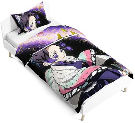 Zhongkaihua Kochou Shinobu Bettwäsche-Set, 2-teilig, enthält 3D-Anime-Motiv, doppelseitiger Druck, wendbarer Bettbezug und Kissenbezug, 135 x 200 cm, Einzel-Bettwäsche-Set, mehrfarbig