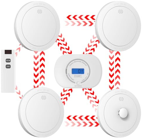 CPVAN Wireless Interlinked Smoke, Heat & Carbon Monoxide Alarm Bundle, Scotland & England Law Compliant | 10-year Battery Life, Pre-Linked Fire Detectors for home,5 Pack + 1 Remote(2nd Generation)