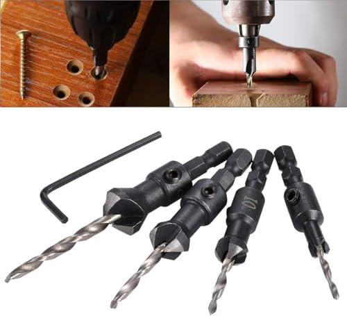 Jeu de Forets à Chanfreiner, HOHXEN 4 Pièces Mèches Coniques pour Fraises avec Une Petite Clé Hexagonale, Outils de Travail du Bois à Queue Hexagonale de 2,5mm, pour Vis de Taille #6, #10, #13, #16