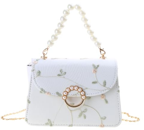 YENVWG Vintage PU Blume bestickte Tasche Crossbody Tasche mit Kettenriemen für Damen, weiß