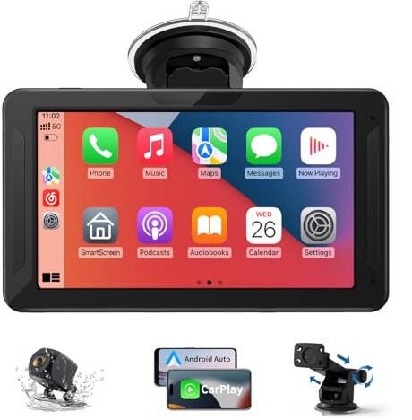 Alpinetech Android Auto Display & Carplay Display, 7 Zoll Carplay Android Auto mit Rückfahrkamera, Bluetooth, AUX, FM, Mirror Link, Siri, HD Touchscreen, Buddy Display für All Vehicles