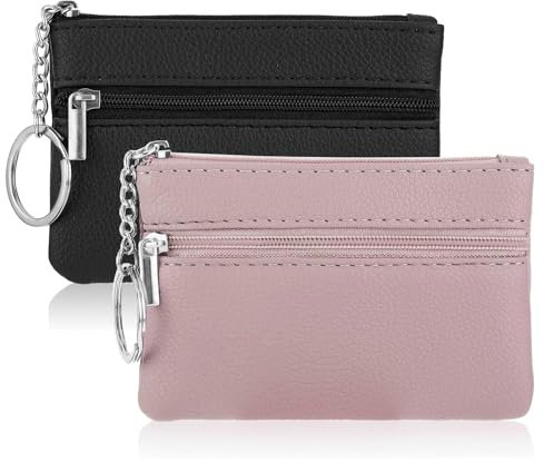 Techchii 2 Stück Schlüsseltasche Leder, Schlüsselmäppchen Reißverschluss Schlüsseletui Autoschlüssel Tasche Schlüsseltasche Klein für Damen Herren mit 2 Reißverschlussfächer
