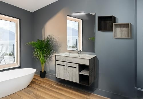 Generico Mueble de baño completo con 2 puertas, espejo con lámpara LED y lavabo