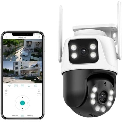 KERUI Überwachungskamera Aussen WLAN mit Dual-Objektiv, 6MP PTZ IP Kamera Überwachung Innen mit 2.4/5GHz 360°Schwenkbar WiFi Kamera, 2-Wege-Audio, Farbnachtsicht, IP66, 24/7 Cloud-Speicherung für NVR