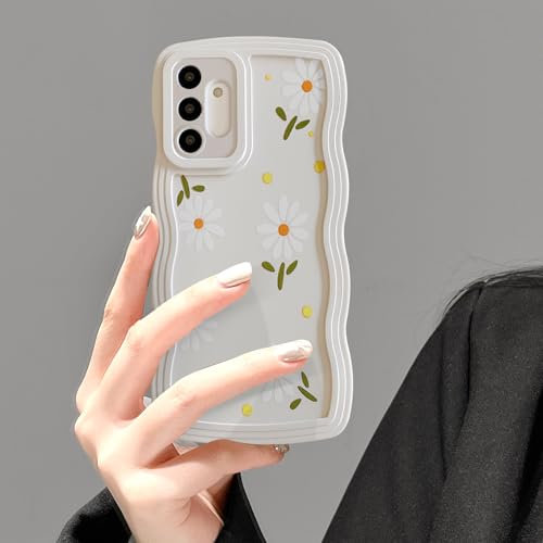 UEEBAI Hülle für Samsung Galaxy A13 4G/5G, Wellen Rahmenform Silikon Handyhülle mit Gänseblümchen Blumen, Slim Fit Weiche TPU Bumper Cover Case Stoßfeste Schutzhülle für Frauen Mädchen, Beige Blume