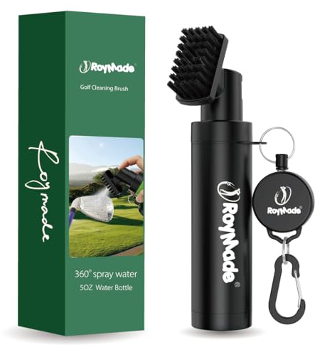 ROYMADE Portable Golf Club Cleaner with 4oz Water Bottle, Adjustable Brush Head, Carabiner Clip, Black