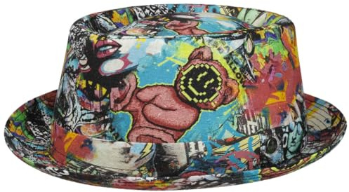 LIERYS Fantasy Print Pork Pie Leinenhut Stoffhut Porkpie Pork-Pie-Hut Damen/Herren - Made in Italy mit Futter Frühling-Sommer Sommer - XL (60-61 cm) bunt