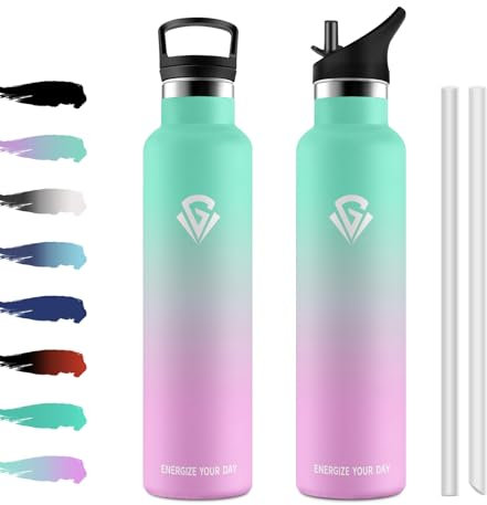 Gourde Isotherme 1L, Bouteille Isotherme Acier Inoxydable, Bouteille d'eau Étanche, sans BPA, Gourde Inox avec Paille, Réutilisable, Gourde pour Enfant, Fitness, Randonnée, Camping, Cyclisme