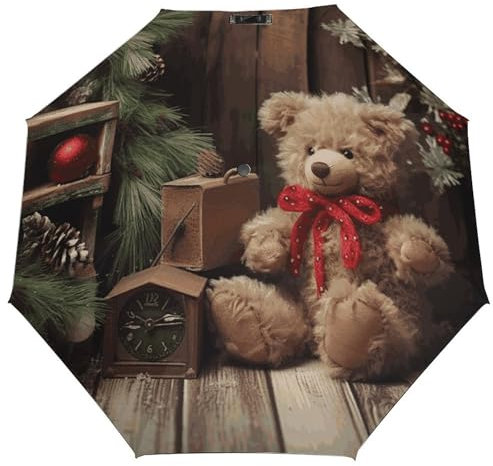 MNVTSKOP Compact Travel Umbrella Portable Windproof Folding Umbrellas Xmas Tree Branch Bear Doll UV Sun Protection Umbrellas Wind Resistant Rain Collapsible Umbrella Manual