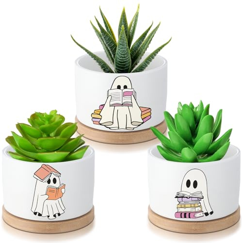 Mimorou 3 Pcs Halloween Teacher Gifts Ceramic Halloween Ghost Planter 2.6 Inch Bookish Ghost Succulent Pots with Bamboo Tray Cute Spooky Gifts for Booklovers Office Home Bathroom Kitchen Decoration