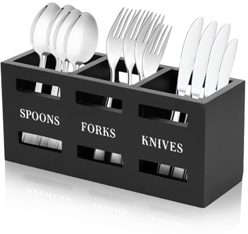 Muross Kitchen Utensils Holder, 3 Compartments Wood Cutlery Holder, Kitchen Cooking Utensil Organizer, Multipurpose Flatware Caddy Silverware Caddy for Forks Spoons Cutters(black)