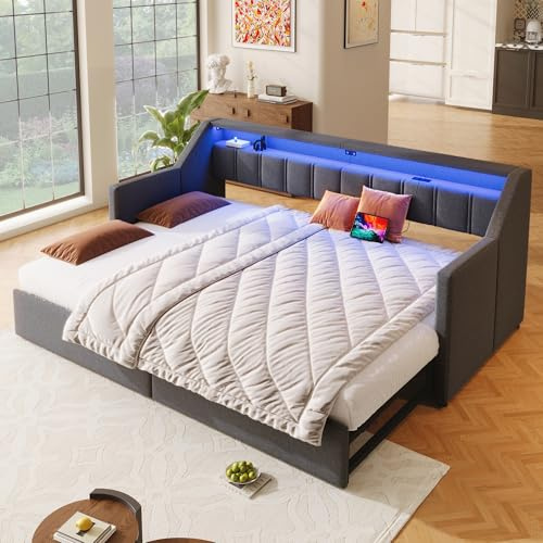 MOBETTRES Daybett, Tagesbett, Schlafsofa,90 x 200cm, Mit USB und Type-C, L-E-D-Leiste mit Fernbedienung, Mit 2 Schubladen, Stauraumtaschen, Multifunktionales Ausziehbett (Grau, 90 x 200cm)